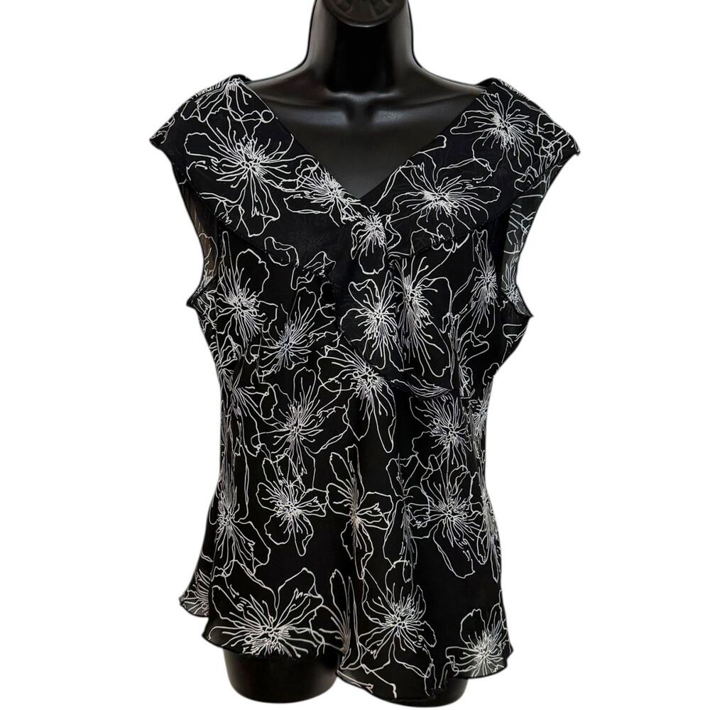 VTG 90s Y2K BLACK & WHITE FLORAL BLOUSE SHEER FLUTTER WHIMSIGOTH COQUETTE SZ L